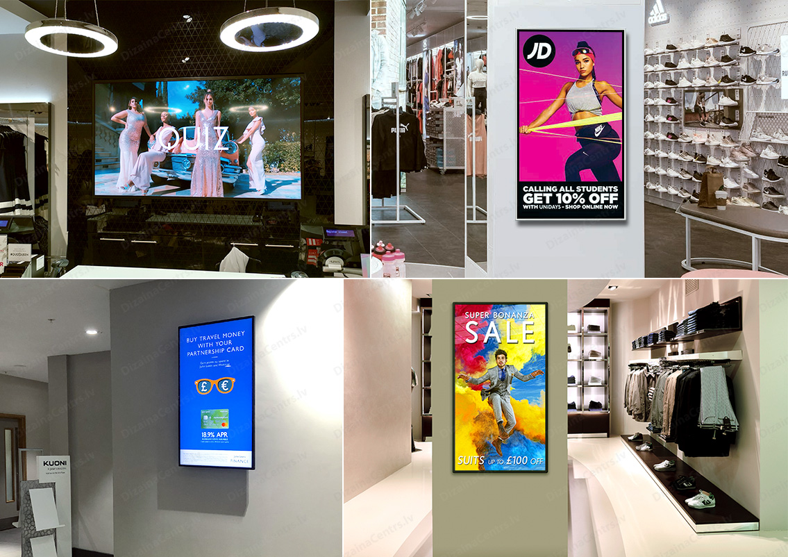 Ekrani video veikalu Monitori vitrin magazinov Digital signage interior displays 2024